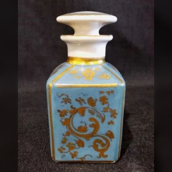 Antique Porcelain Perfume Bottle Turquoise Gold Filigree Rose Flowers Square - Picture 5 of 9